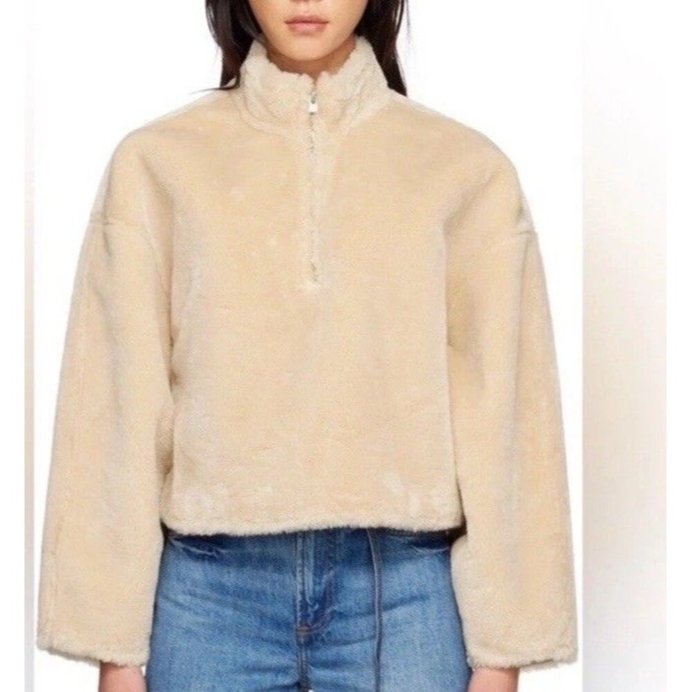 Jason Wu Faux Fur Quarter Zip Pullover Light Beige Cropped Sweatshirt small NWT
